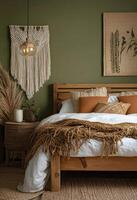 Cozy bedroom with earthy tones and natural elements for a serene retreat in the afternoon light photo