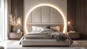 Modern bedroom design featuring a unique circular headboard and warm lighting in a serene space photo