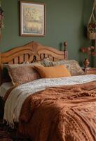 Cozy bedroom with earthy tones and natural elements for a serene retreat in the afternoon light photo