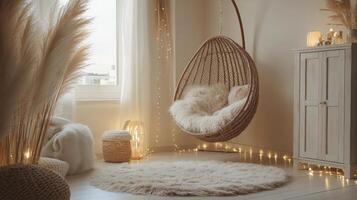 Cozy indoor space featuring a hanging chair, soft lighting, and decorative elements in a serene room photo