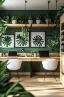 Modern office workspace with lush greenery and stylish decor in a contemporary home setting photo