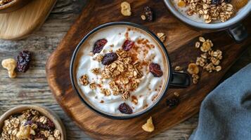 Creamy beverage topped with granola and cranberries, styled on a rustic wooden backdrop photo