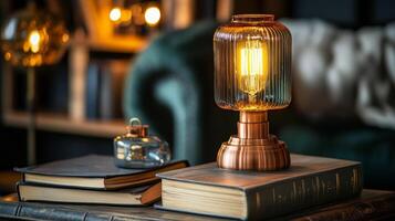 Cozy reading nook with vintage lamp and stacked books in a softly lit room during evening hours photo