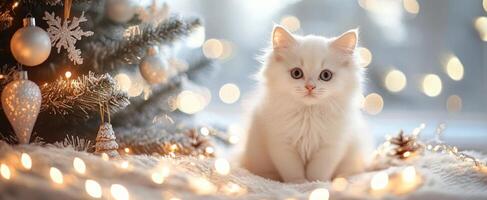 adorable mullido blanco gatito sentado cerca un festivo Navidad árbol con centelleo luces foto