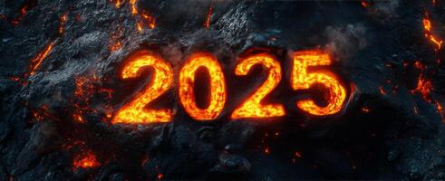 Fiery representation of the year 2025 with molten lava glow against a dark volcanic backdrop photo