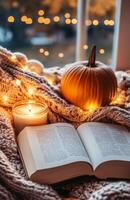 Cozy autumn evening with a pumpkin, candle, and an open book by the window on a warm blanket photo