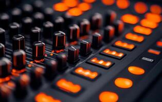 Close-up view of a sound mixer with glowing controls and dials in a recording studio photo
