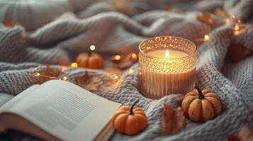 Cozy autumn evening with a lit candle, small pumpkins, and a book on a warm knitted blanket photo