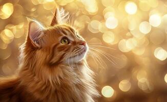 Orange tabby cat gazing thoughtfully amidst a warm sunset background in a serene outdoor setting photo