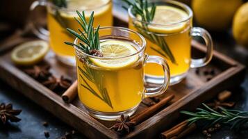 Refreshing herbal tea with lemon and spices served in transparent mugs on a wooden tray photo
