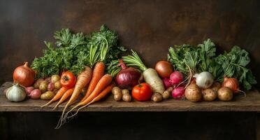 Freshly harvested vegetables arranged on a rustic wooden table with rich colors and textures photo