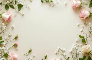 Delicate arrangement of pink roses and gypsophila on a light surface for a serene floral display photo