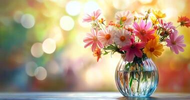 A vibrant bouquet of mixed flowers in a glass vase set against a soft blurred background photo