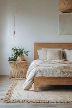 acogedor y atractivo dormitorio con natural decoración y suave texturas en un relajante tarde foto