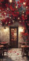 Charming outdoor cafe adorned with vibrant flowers and warm lights during the evening hours photo
