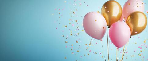 Colorful balloons and confetti filling the air at a festive celebration with a blue background photo