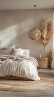 Stylish modern bedroom with natural decor and soft lighting during the day in a cozy setting photo