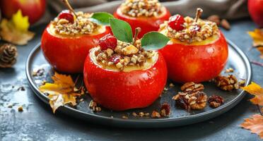 Baked apples with nuts and dried fruits served on a festive table during the holiday season photo