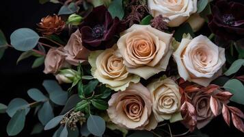 Beautiful arrangement of cream and burgundy roses with greenery in a close-up setting photo