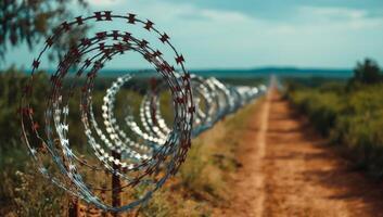 Barbed wire fencing along a dirt path in an open field under a clear sky photo