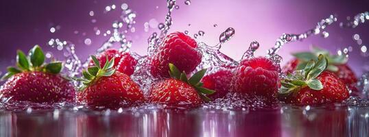 Fresh strawberries and raspberries splash into water creating playful droplets in vibrant light photo