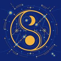 concept of cosmology or astronomy science, graphic of yin yang symbol combined with blueprint element vector