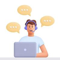 Office operator with headset talking with clients. Customer service, call center, hotline, customer support department staff concept. 3d people character. Cartoon minimal style. vector