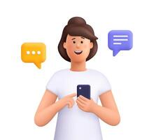 Woman chatting and typing on smartphone with speech bubble. Online chat, sending messages and comments, feedback and social media. 3d people character. Cartoon minimal style. vector