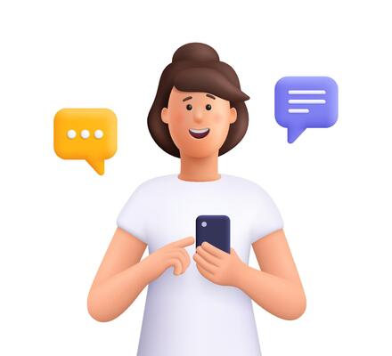 Woman chatting and typing on smartphone with speech bubble. Online chat, sending messages and comments, feedback and social media. 3d people character. Cartoon minimal style.