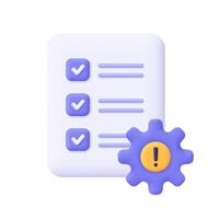 Document sheet with checklist and gear cogwheel with exclamation mark. Project management, software development, risk, warning and problem concept. 3d icon. Cartoon minimal style. vector