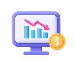 Computer and descending chart graph with down arrow, coin with dollar sign. Economic crisis, bankruptcy, trading decrease, business and finance risk concept.3d icon. Cartoon minimal vector