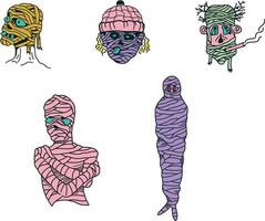 Bundle of Mummy Ghost Illustration, Halloween Colored Ghost Set, Colored Handdrawn Style vector
