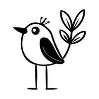 A charming hand-drawn cartoon of a bird holding a leaf, in a minimalist black and white style. vector