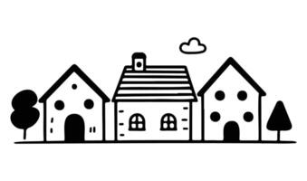 Minimalistic black and white illustration of three houses with trees and clouds in a cartoonish style. vector