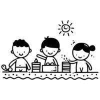 Cute black and white cartoon of three children enjoying a meal at a picnic table, with a sun shining overhead. vector