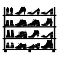 A black silhouette icon of a shoe rack filled with various shoes, perfect for storage and organization themes. vector
