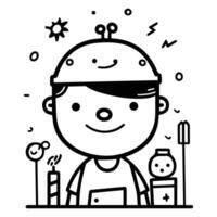 Cartoon of a child wearing a robot hat with antennas, surrounded by playful objects and symbols in a whimsical scene. vector