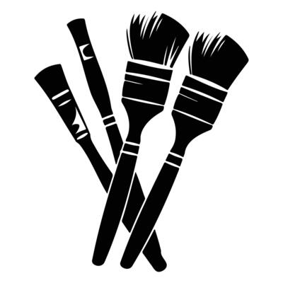 A black and white icon depicting a set of paintbrushes, isolated on a white background.