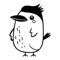 A whimsical cartoon bird illustration in black and white, showcasing a simplistic and playful design. vector
