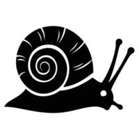 A black and white icon depicting a snail with a spiral shell, isolated on a white background. vector