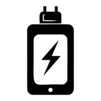Black and white illustration of a battery icon with a lightning bolt, ideal for tech-related designs, posters, and infographics. vector