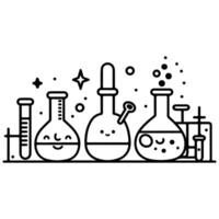 Adorable black and white line art of smiling laboratory equipment, including flasks and test tubes, with stars and sparkles. vector