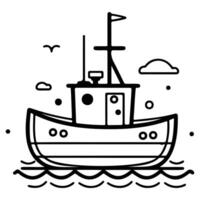 A simple black and white illustration of a boat on water with clouds. vector