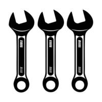 Black and white icon of three wrenches aligned vertically, representing tools and mechanical equipment. vector