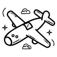 Whimsical cartoon airplane flying through the sky, surrounded by clouds and stars, drawn in black and white. vector