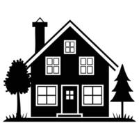 illustration of a house in black and white, featuring simple lines and trees on each side. vector