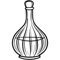 Black and white line drawing of a traditional wine bottle with a distinctive shape and stopper. vector