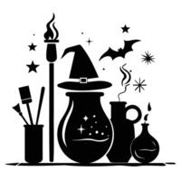 Set of whimsical magic-themed icons including a hat, cauldron, wand, and potion, ideal for decorative and fantasy uses. vector