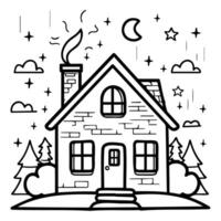 Charming line drawing of a cottage in the woods with stars and moon, perfect for fairy tale and whimsical themed projects. vector