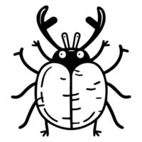 Black and white cartoon drawing of a stag beetle, featuring simple lines and a whimsical style. vector